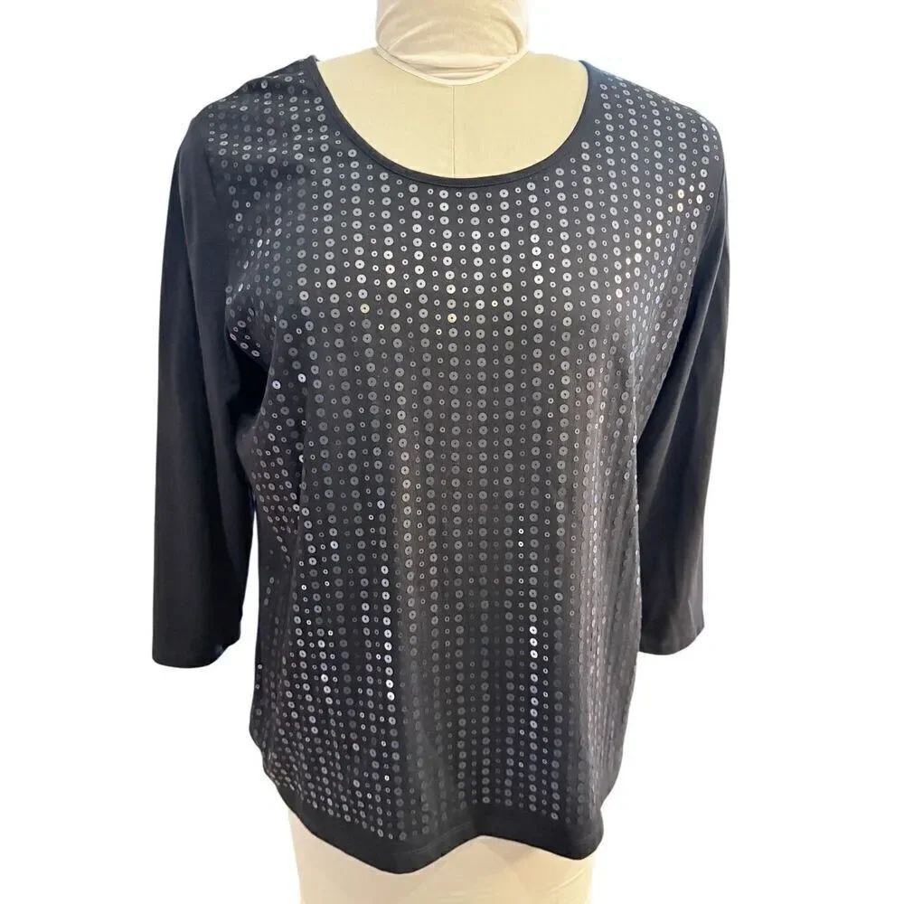Tan Jay Black Sequin Front 3/4 Sleeve Pullover Top Sz. M